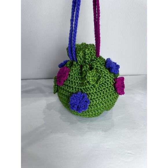 Vintage Handmade Crochet Purse Drawstring With Lining Round Pouch Flower Design - Picture 1 of 16